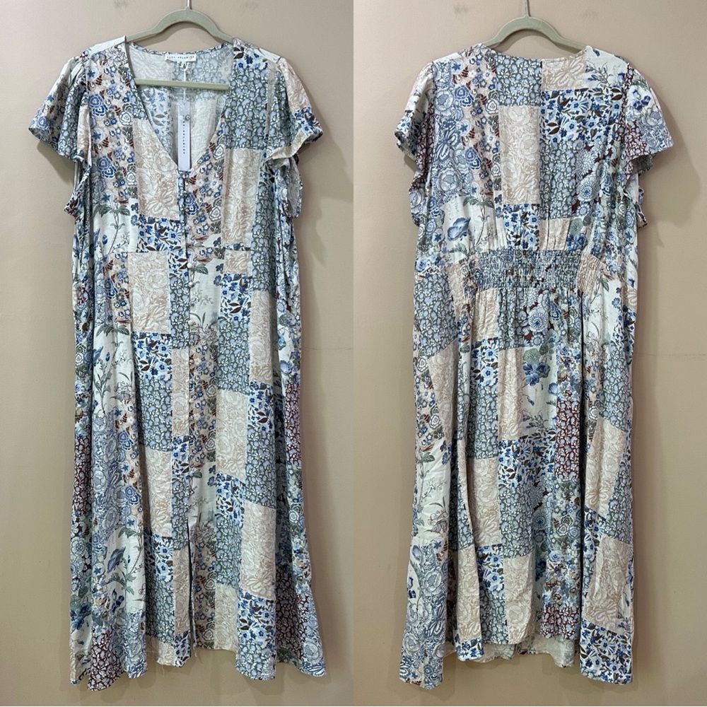 NWT Jane + Delancey Blue Beige Floral Patchwork Boho Tiered Maxi Dress Women 2X